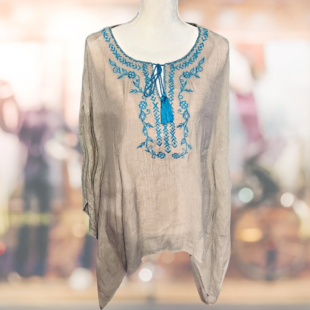 Taupe Boho Style Tunic Top with Turquoise Embroidery and Tassel Tie Bodice NWT - Picture 2 of 6